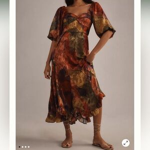 NWT HutchTwist Front Puff Sleeve Elegant Multicolor Women's Midi Dress SZ Small